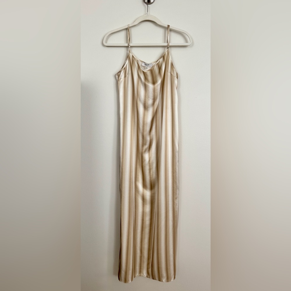 Madewell 100% Silk Maxi Slip Dress Size 14 NWOT Neutral Stripe Adjustable Straps